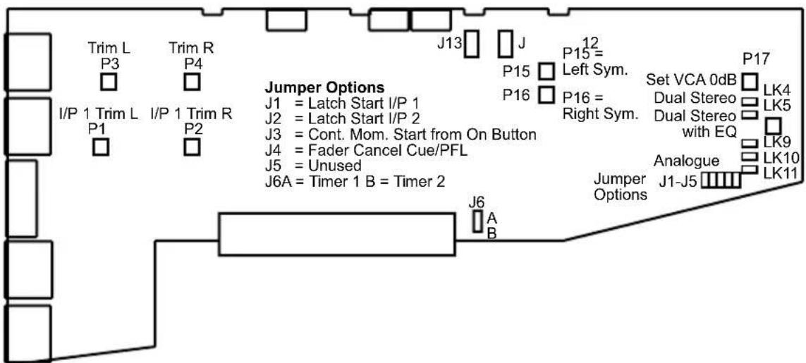 Trim L P3 Trim R P4 I/P 1 Trim L P1 I/P 1 Trim R P2 J13 J P15 P16 12 P15 = Left Sym. P16 = Right Sym. J6A = Timer 1 B = Timer 2 J6 A B Jumper Options J1 = Latch Start I/P 1 J2 = Latch Start I/P 2 J3 = Cont. Mom. Start from On Button J4 = Fader Cancel Cue/PFL J5 = Unused J6A = Timer 1 B = Timer 2 Jum…