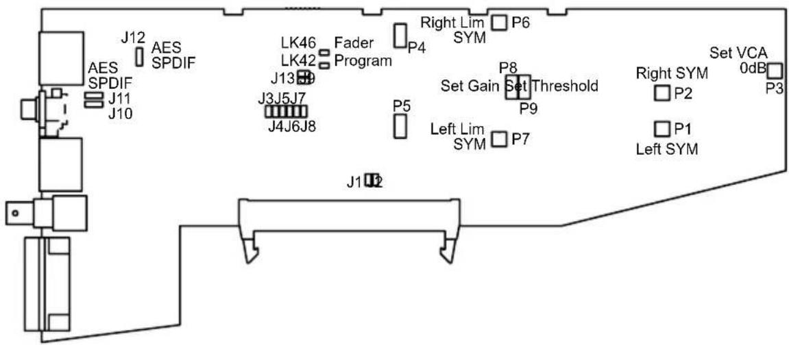 J12 AES SPDIF J11 J10 LK46 Fader LK42 Program P4 Right Lim SYM P6 J13 J3J5J7 J4J6J8 P5 Set Gain Set Threshold P8 P9 Left Lim SYM P7 Right SYM P2 P1 Left SYM Set VCA 0dB P3 J12 J10