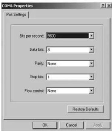 COM6 Properties Port Settings Bits per second: 9600 Data bits: 8 Parity: None Stop bits: 1 Flow control: None Restore Defaults OK Cancel Apply
