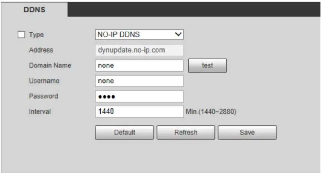 DDNS Type NO-IP DDNS Address dynupdate.no-ip.com Domain Name None funds test Username:none Password ●●●● Interval 1440 Min.(1440~2880) Default Refresh Save