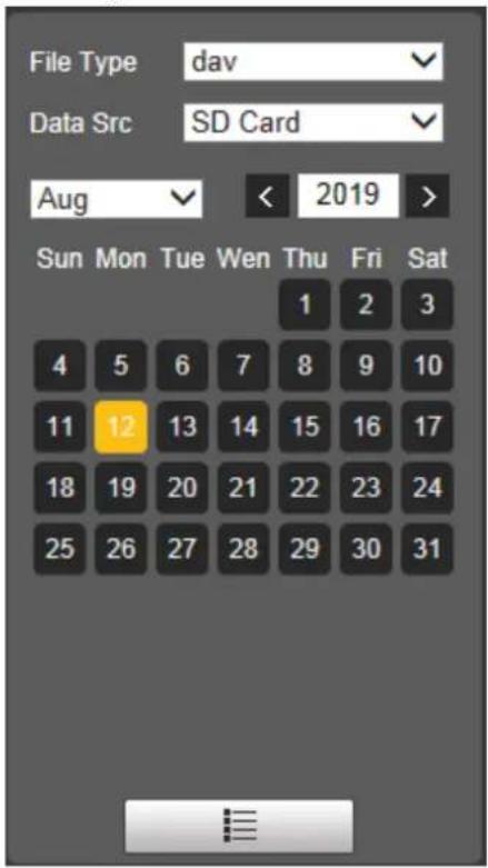File Type dav Data Src SD Card Aug < 2019 > Sun Mon Tue Wen Thu Fri Sat 1 2 3 4 5 6 7 8 9 10 11 12 13 14 15 16 17 18 19 20 21 22 23 24 25 26 27 28 29 30 31