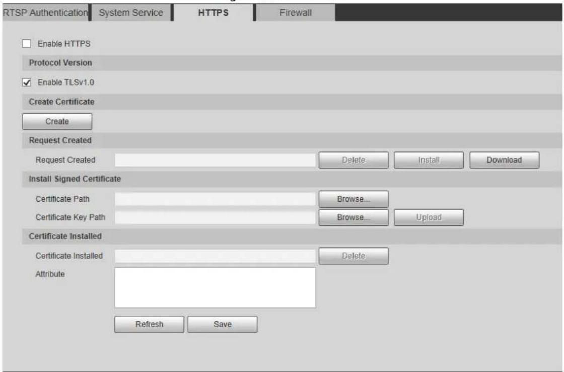 RTSP Authentication System Service HTTPS Firewall Enable HTTPS Protocol Version Enable TLSv1.0 Create Certificate Create Request Created Request Created Delete Install Download Install Signed Certificate Certificate Path Browse... Certificate Key Path Browse... Upload Certificate Installed Certificate Installed Delete... Attribute Refresh Save