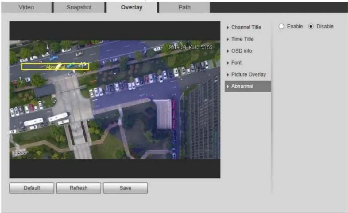 Video Snapshot Overlay Path Channel Title Time Title OSD info Font Picture Overlay Abnormal Default Refresh Save Enable Disable