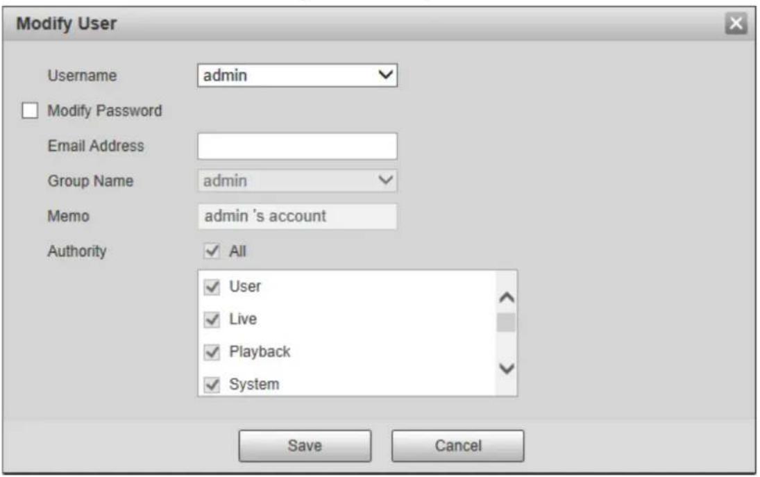 Modify User Username admin Modify Password Email Address Group Name admin Memo admin 's account Authority All User Live Playback System Save Cancel