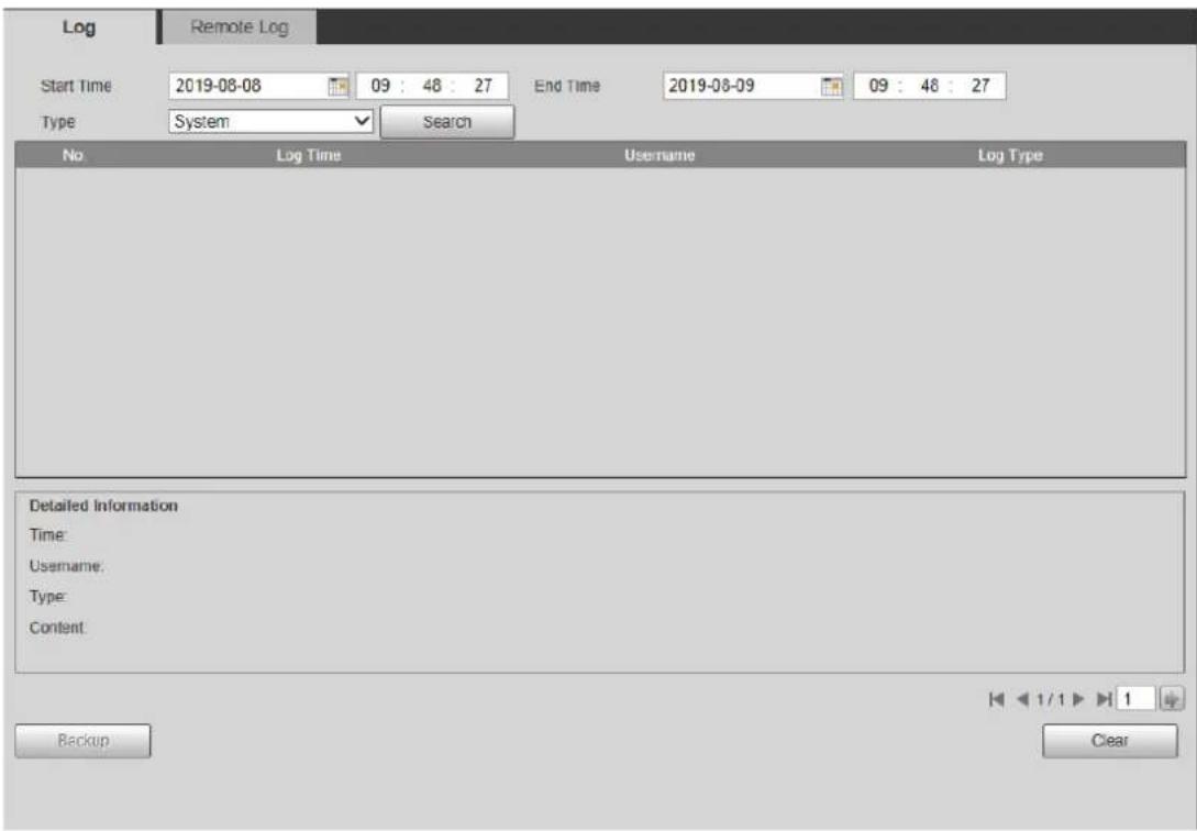 Log Remote Log Start Time 2019-08-08 09:48:27 End Time 2019-08-09 09:48:27 Type System Search No Log Time Username Log Type Detailed Information Time: Username: Type: Content Backup Clear