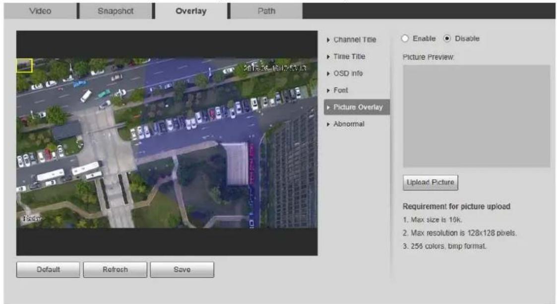 Video Snapshot Overlay Path Channel Title Time Title OSD info Font Picture Overlay Abnormal Enable Disable Picture Preview: Upload Picture Requirement for picture upload 1. Max size is 16k. 2. Max resolution is 128x128 pixels. 3. 256 colors, bmp format. Default Refresh Save