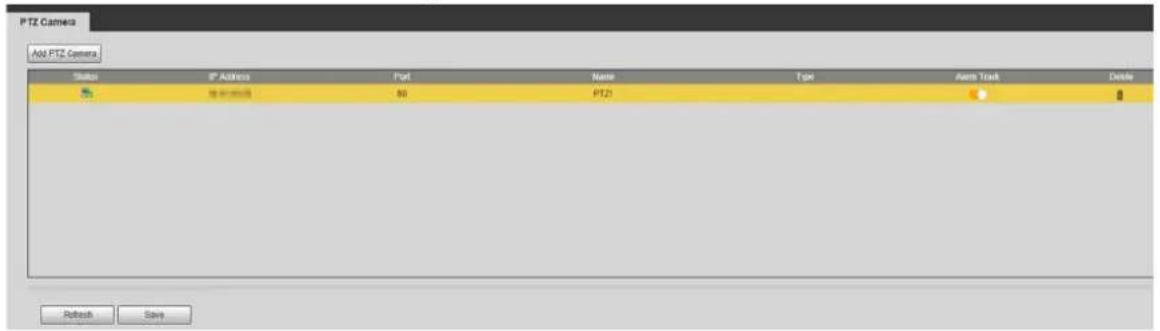 PTZ Camera Add PTZ Camera Status IP Address Port Name人類 T-type Alarm Track Double 地址/服务器 80 PTZ1 ● # Refresh Save