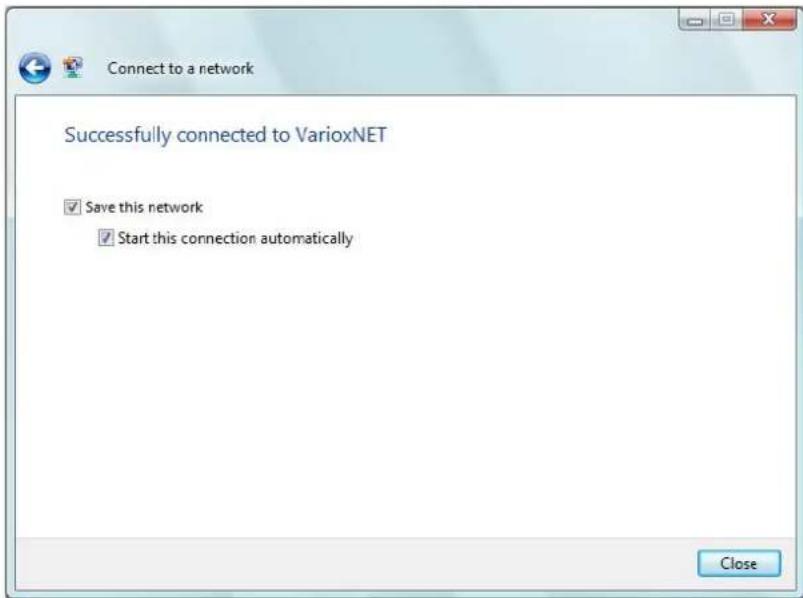 Connect to a network Successfully connected to VarioxNET ✓ Save this network ✓ Start this connection automatically Close