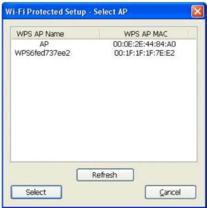 Wi-Fi Protected Setup - Select AP WPS AP Name WPS AP MAC AP 00:0E:2E:44:84:A0 WPS6fed737ee2 00:1F:1F:1F:7E:E2 Refresh Select Cancel