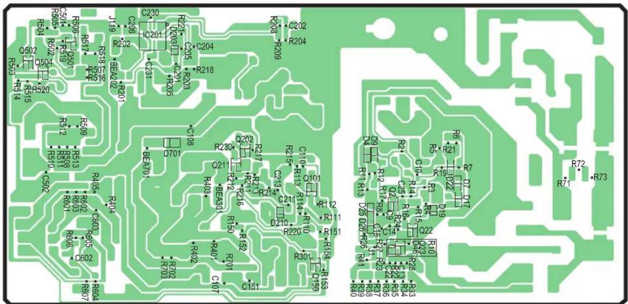 Circuit board layout diagram with labeled resistors, capacitors, and ICs for electronic analysis