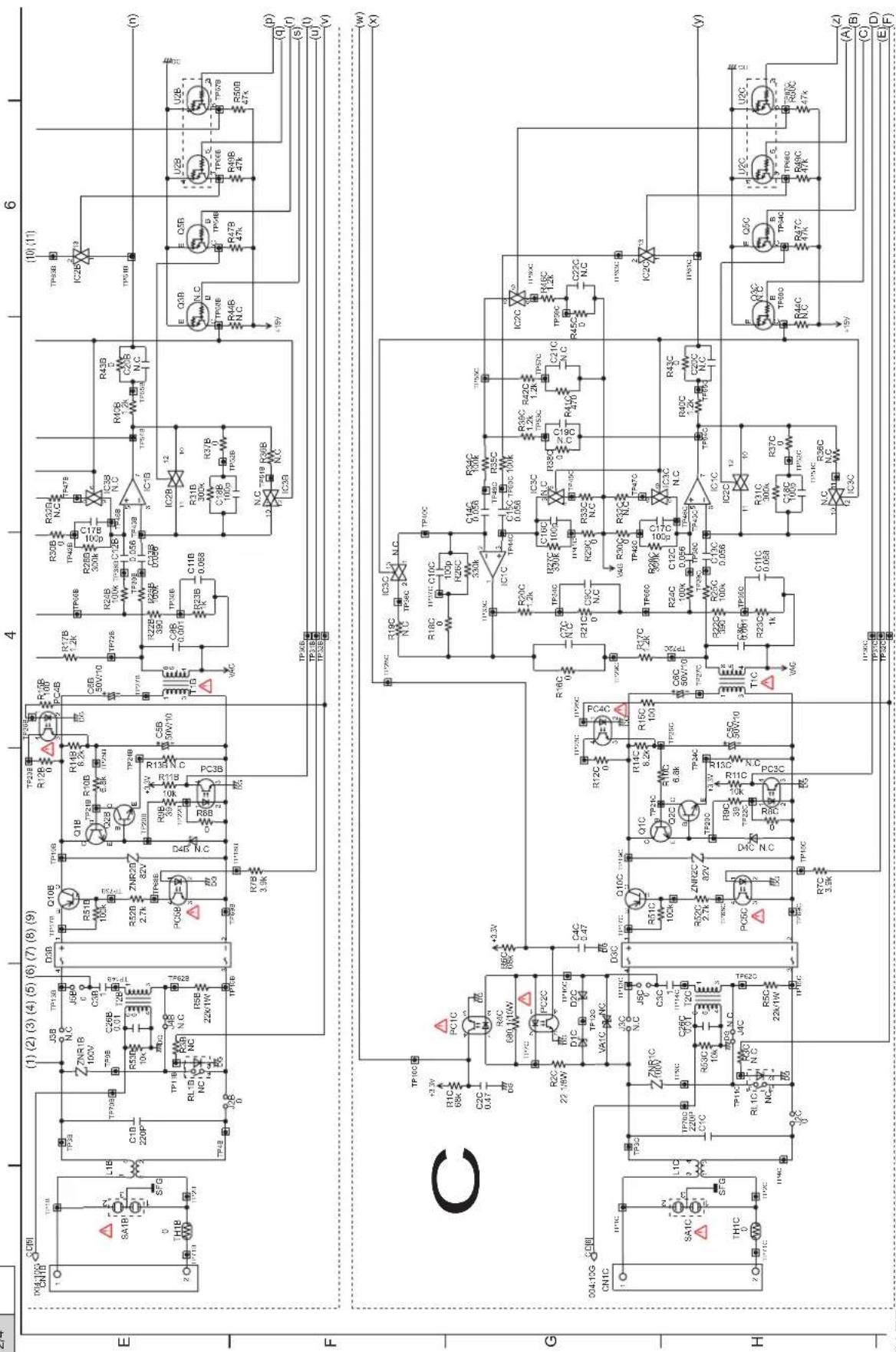 Electrical schematic diagram with labeled components, traces, and signal paths for a power supply or circuit analysis system.
