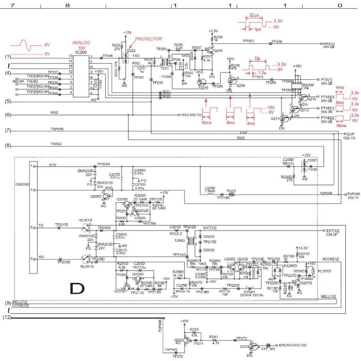 Electrical schematic diagram with component labels, voltage measurements, and signal traces for an analog switch IC200 and associated circuitry.