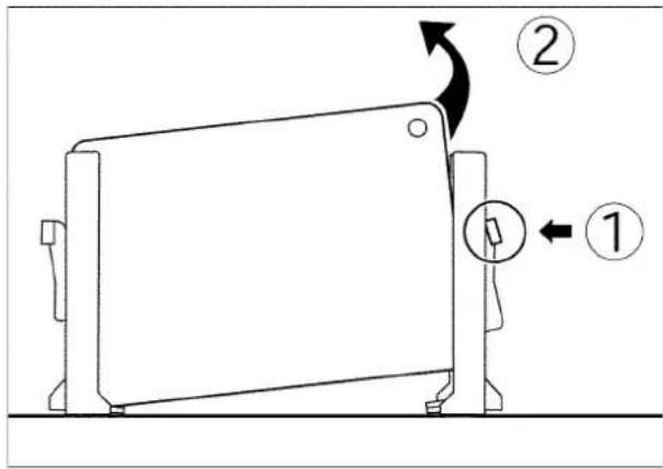 Diagram showing a device with labeled parts and directional arrows, including numbered annotations ① and ②.