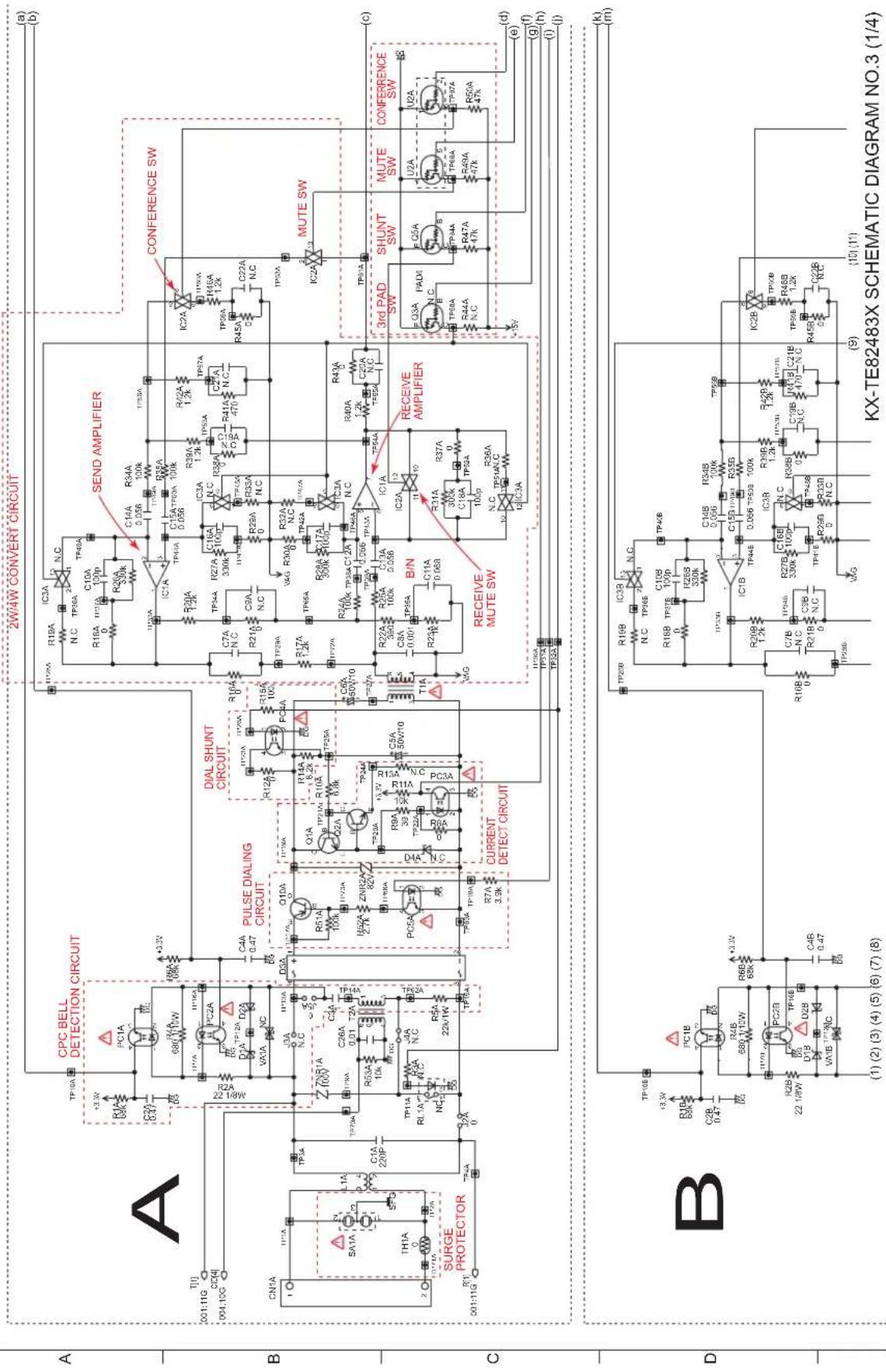 Electrical schematic diagram of KX-TE82483X Schematic Diagram No.3 (1/4), showing circuit components, transistors, capacitors, and signal paths.