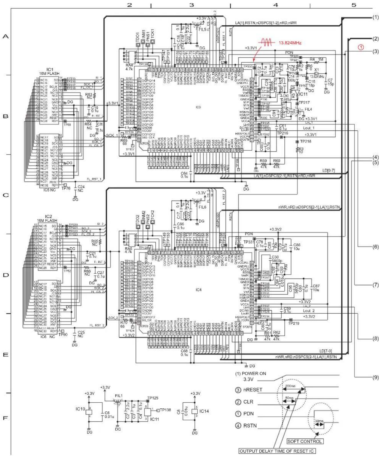 Circuit schematic diagram with labeled components, ICs, resistors, capacitors, and control signals for a power supply or signal processing system.