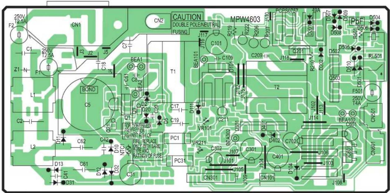 250V T2.5A CN1 F2 C1 250V T2.5A J3 J2 J5 C7 C18 J4 L1 F1 L2 C2 C62 C42 D10 NTC1 D13 C61 D12 D32 C31 CN2 CAUTION DOUBLE POLE/NEUTRAL FUSING MPW4603 R219 R222 R206 R207 J117 C101 BEA101 C8 BEA2 T1 C17 D111 IC211 VR101 FOR CONTINUED PROTECTION AGAINST RISK OF FIRE REPLACE ONLY WITH SAME TYPE AND RATINGS OF FUSE. PC1 VR211 C302 BEA302 D301 C301 C302 J107 J101 J104 J105 J109 CN301 CN101 J108 PCPS0757 49A D201 D507 D509 D506 D504 R501 RL501 Q503 F501 250V T4A BEA102 C601 CN601 IC601 CN601