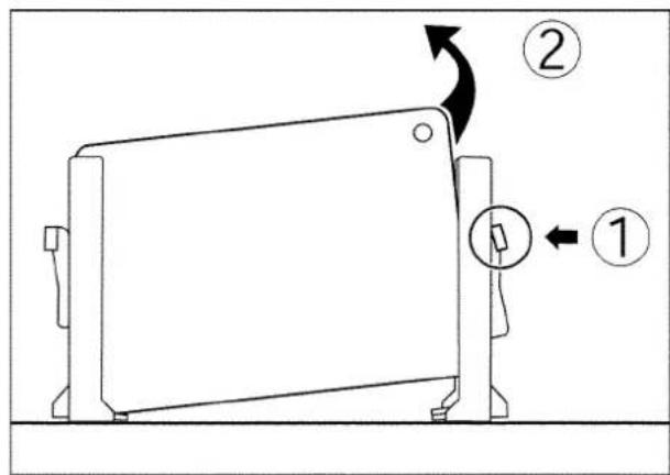 Diagram showing a device with labeled parts and directional arrows, including numbered annotations ① and ②.