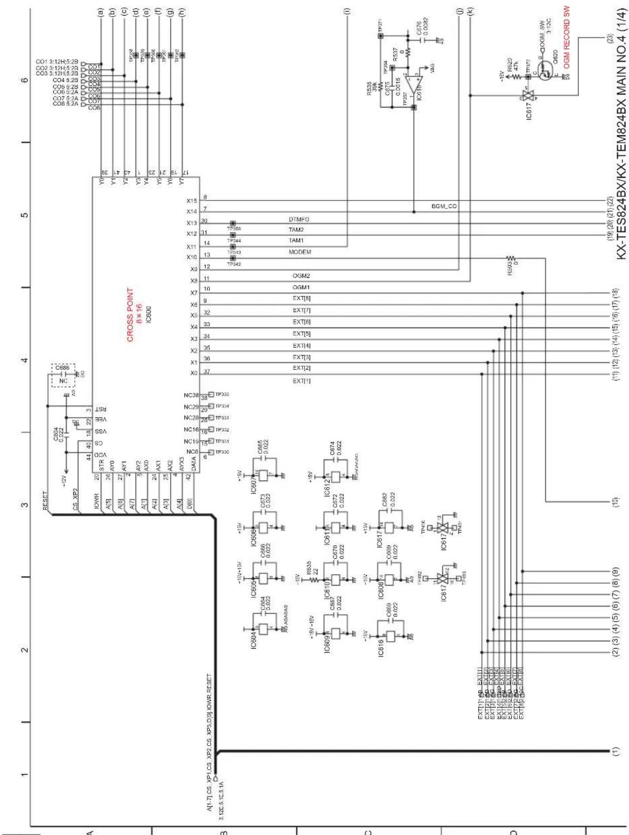 Circuit diagram and component pinout diagram for KX-TES824BX/KX-TEM824BX MAIN NO.4, showing ICs, resistors, capacitors, and connections with labeled pins and wiring.