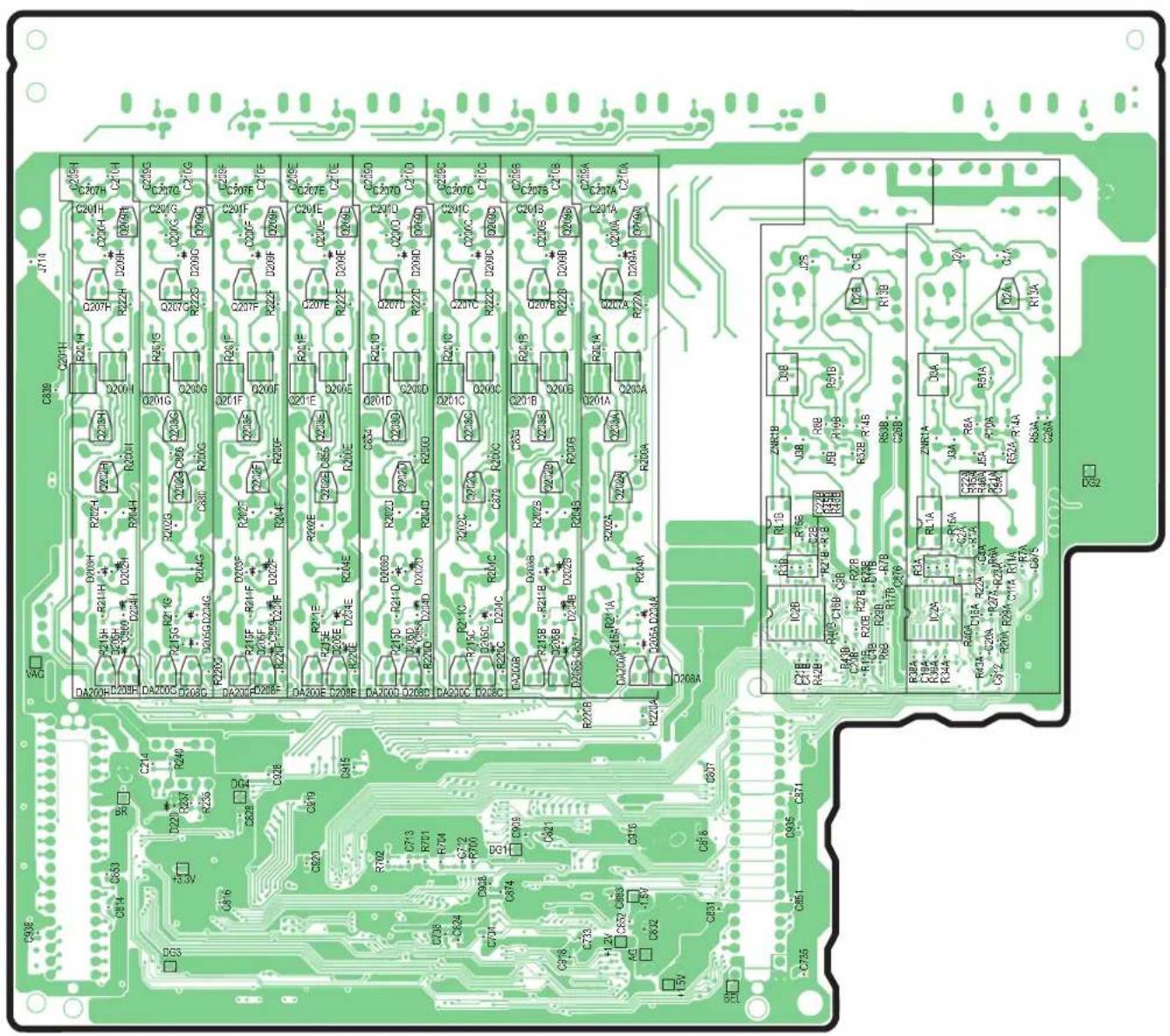 Circuit board layout diagram with component labels and pin mappings for a microcontroller or PCB design.