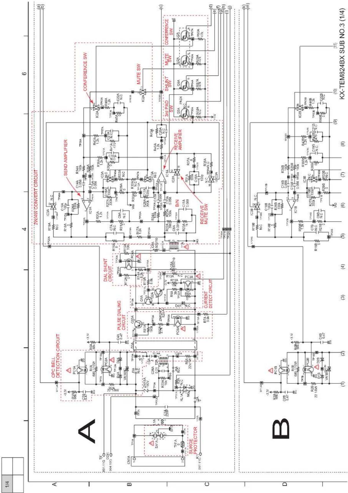 1/4 A CPC BELL DETECTION CIRCUIT PULSE DIALING CIRCUIT DIAL SHUNT CIRCUIT CURRENT DETECT CIRCUIT 2W4W CONVERT CIRCUIT SEND AMPLIFIER CONFERENCE SW CPTA R19A N.C IC3A TP40A R18A TP35A C14A 0.056 R34A 10k TP36A R26A 33k C11A TP30A R25A 1.2k TP38A R36A 1.2k TP37A R47A 1.2k TP35A R45A C22A N.C IC2A TP36A R16B 1.2k TP36A R14B 1.2k TP35A R12A TP34A R10A TP33A R9A 10k TP32A R8A 10k TP31A R7A 10k TP30A R6A 10k TP29A R5A 10k TP28A R4A 10k TP27A R3A 10k TP26A R2A 10k TP25A R1A 10k TP24A R0A 10k TP23A R9A 10k TP22A R8A 10k TP21A R7A 10k TP20A R6A 10k TP19A R5A 10k TP18A R4A 10k TP17A R3A 10k TP16A R2A 10k TP15A R1A 10k TP14A R0A 10k TP13A R9A 10k TP12A R8A 10k TP11A R7A 10k TP10A R6A 10k TP9A R5A 10k TP8A R4A 10k TP7A R3A 10k TP6A R2A 10k TP5A R1A 10k TP4A R0A 10k TP3A R9A 10k TP2A R8A 10k TP1A R7A 10k TP0A R6A 10k TP9A R5A 10k