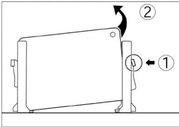 Diagram showing a device with labeled parts and directional arrows, including numbered annotations ① and ②.