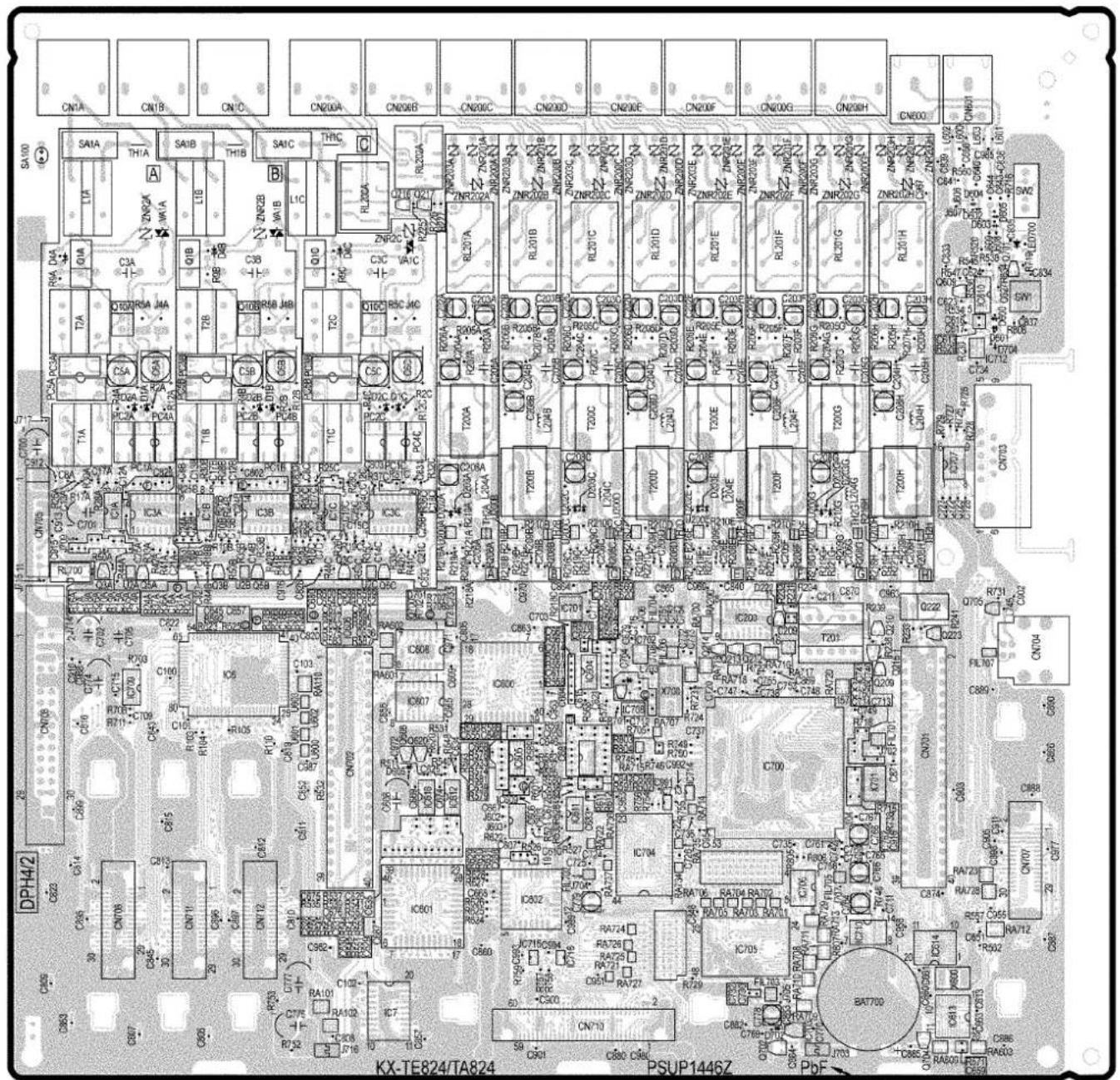 Circuit board layout diagram with component labels and pin connections, including ICs, resistors, capacitors, and connectors.