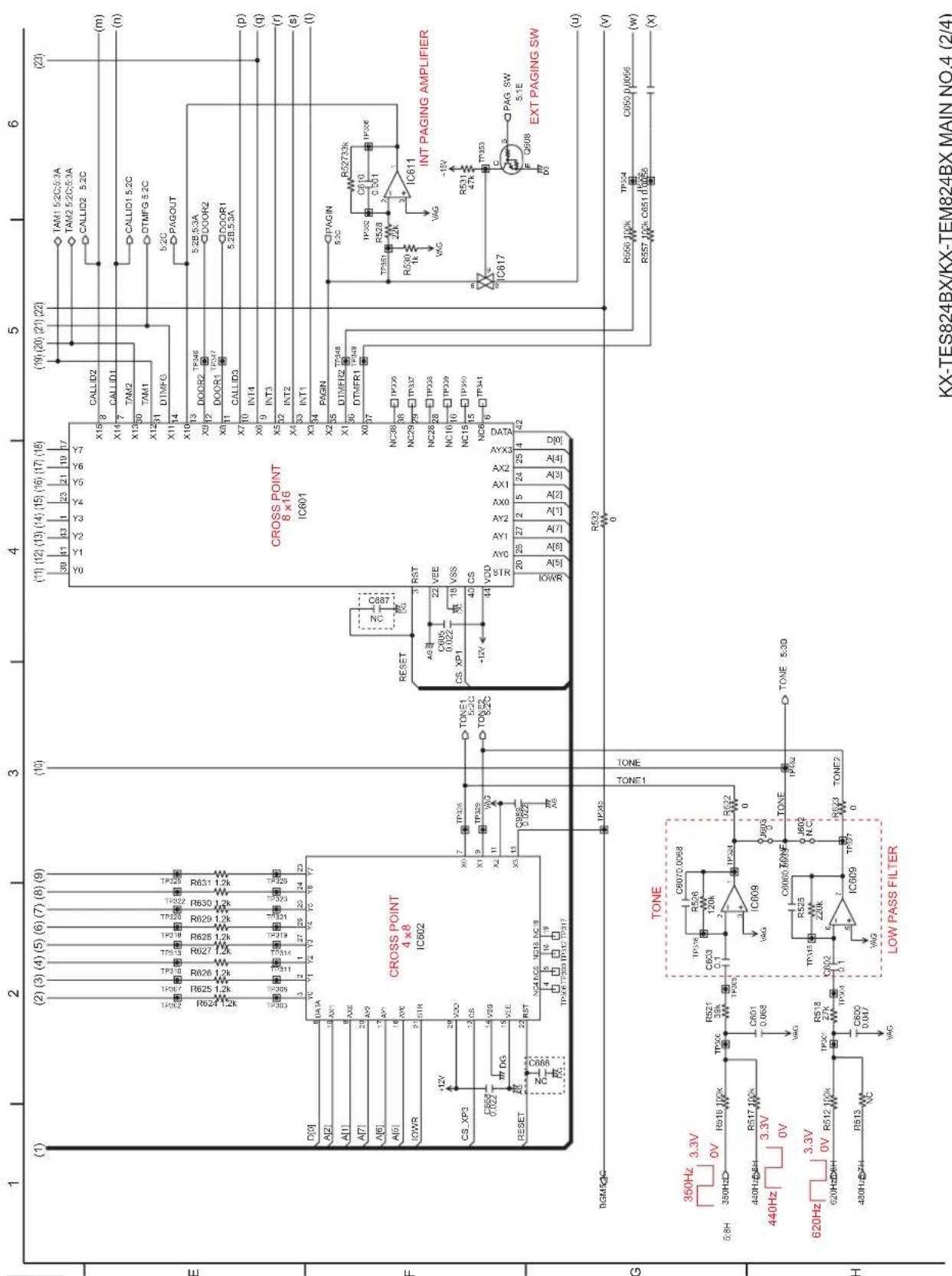 Circuit diagram of CX-TES824BX/KX-TEM824BX MAIN NO.4 interface with labeled components, ICs, resistors, capacitors, and a low-pass filter.