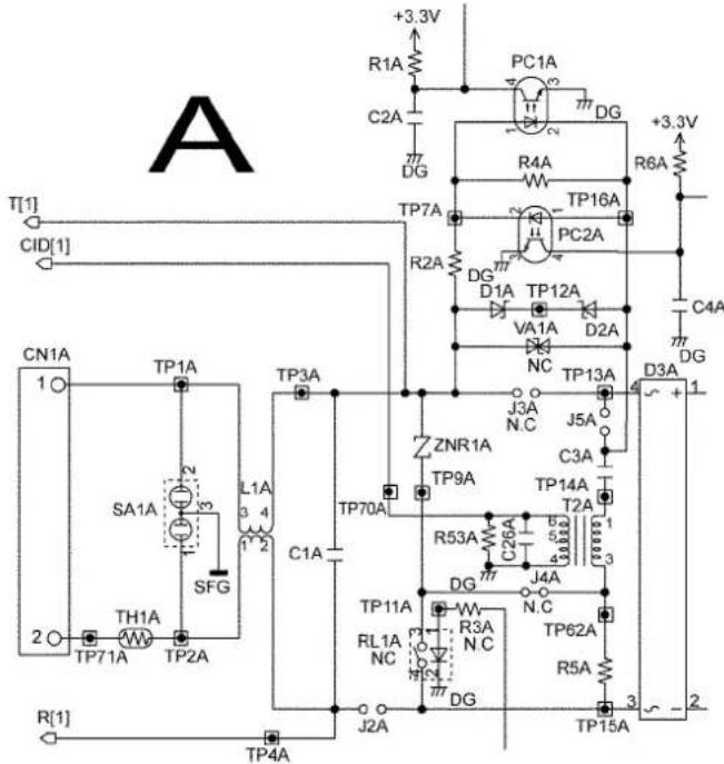 A +3.3V R1A PC1A C2A DG RD4A TP16A +3.3V R6A T[1] CID[1] CN1A TP1A L1A 3 4 3 2 SA1A SFG TH1A TP71A TP2A TP3A C1A TP70A TP9A TP12A VA1A D2A NC TP13A J3A N.C J5A C3A TP14A T2A ZNR1A TP9A R53A C26A RG 40Ω 3 1 3 DG J4A TP62A RL1A NC N.C TP11A RD4A J2A TP4A TP15A R5A 3 2 2