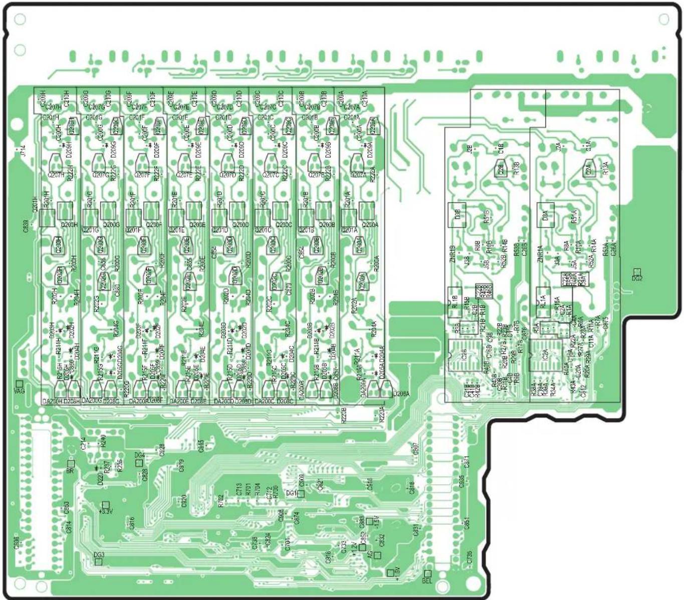 Circuit board layout diagram with component labels and pin connections for a microcontroller or PCB design.