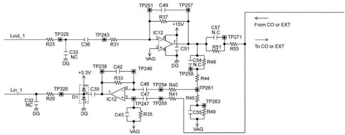Lout_1 TP325 R23 C33 NC DG TP243 C36 R31 TP251 C49 TP257 R37 +15V IC12 2 8 1 C51 VAG DG C57 N.C R51 TP271 R53 From CO or EXT To CO or EXT C54 N.C R48 TP259 R44 TP261 C46 TP254 R40 R41 TP263 C47 TP255 R45 TP247 C43 R35 VAG C39 D1 C32 NC DG TP326 R29 C32 DN1