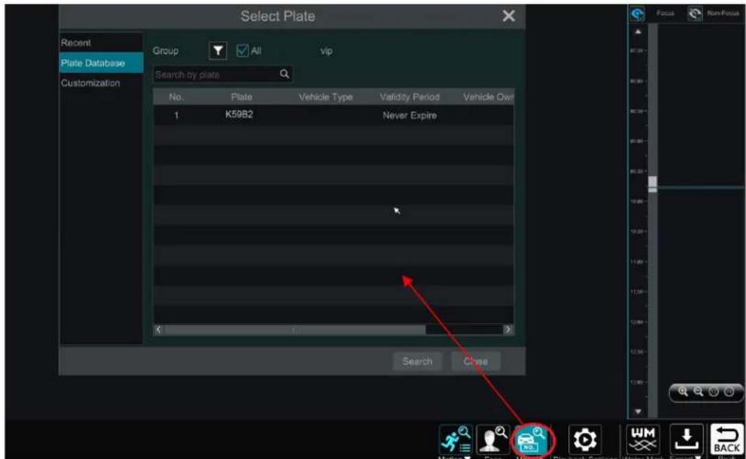 Select Plate Recent Plate Database Group All vip Search by plate Customization No. Plate Vehicle Type Validity Period Vehicle Own 1 K59B2 Never Expire Search Close Focus Non-Focus VM ↓ BACK