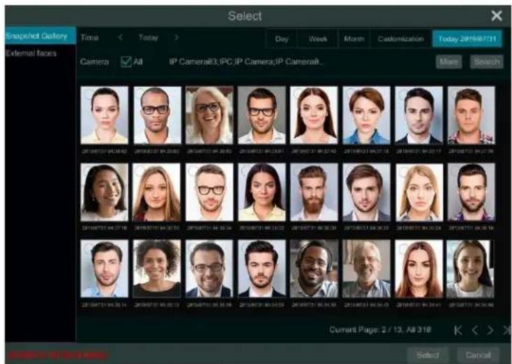 Select SnapNet Gallery Time Today Day Week Month Customization Today 2019/07/11 External faces Camera All IP Camera83; IPC; IP Camera; IP Camera8. More Search Current Page: 2 / 13, All 318 K < > > Select Cancel