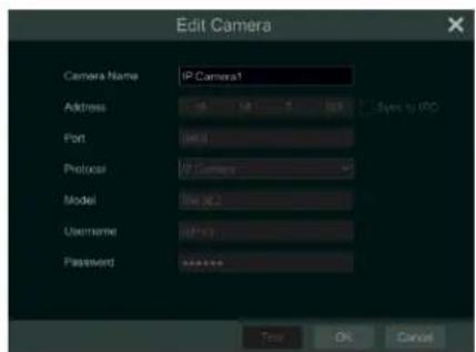 Edit Camera Camera Name: IP Camera1 Address: 54 147 2 30 4 Port: 98.0 Protocol: IP Camera1 Model: size: 2 Username: size: 1 Password: ******** OK Cancel