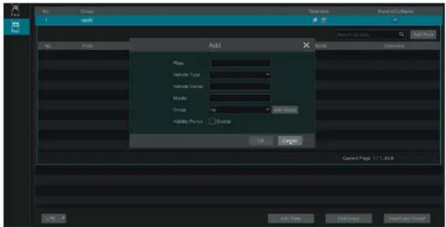 No. Group Operation ExpandCuliple 1 sep(R) Add Plan Vehicle Type Vehicle Comp Module Group Vip Add Group Validity Placed Enable OK Cancel Current Page 1/1, Add 6 Add Plate Add Group Import and Export