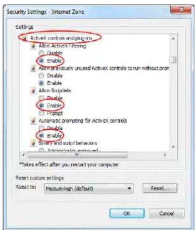 Security Settings - Internet Zone Settings ActiveX controls and plug-ins Allow ActiveX Filtering Disable Enable Allow previously unused ActiveX controls to run without order Disable Enable Allow Scriptlets Disable Enable Prompt Automatic prompting for ActiveX controls Disable Enable Binary and scrip…