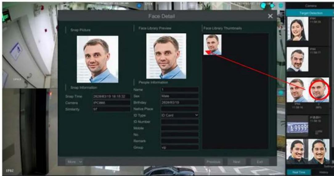 Face Detail Snap Picture Face Library Preview Face Library Thumbnails Snap Information Name 1 Sex Male Camera SPC008 Birthday 2020/03/19 Similarity 97 Native Place ID Type ID Card ID Number Mobile No. Remark Group VIP Previous Next Exit Camera Target Detection IP64 11:58:25 IP64 11:58:17 IP64 11:58:…