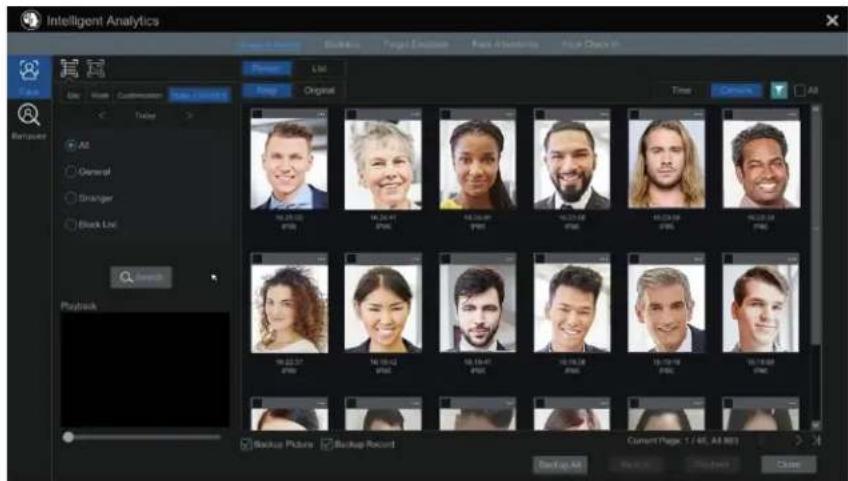 Intelligent Analytics Original Profile Lfd Profile Original Time Capture All Backup Help General Stranger Black List Search Playback Backup Picture Backup Record Current Page 1 / 40, All RMS Back Up Back BackUp Back Close