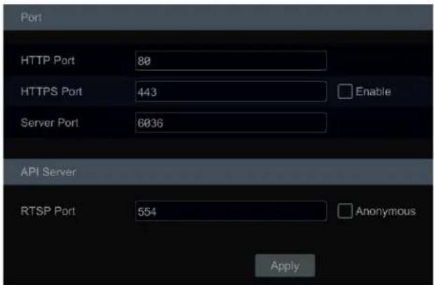 Port HTTP Port 80 HTTPS Port 443 Enable Server Port 6036 API Server RTSP Port 554 Anonymous Apply