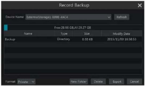 Record Backup Device Name ExternalStorage1 689B 4AC4 Refresh Free:28.96 GB,All:29.27 GB Name Type Size Modify Date Backup Directory 8.00 KB 2015/11/03 16:58:53 Format Private New Folder Delete Export Cancel