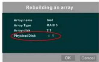 Rebuilding an array Array name test Array Type RAID 5 Array disk 2 3 Physical Disk @ 1 OK Cancel