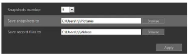Snapshots number 5 Save snapshots to C:\Users\hj\Pictures Browse Save record files to C:\Users\hj\Videos Browse Apply