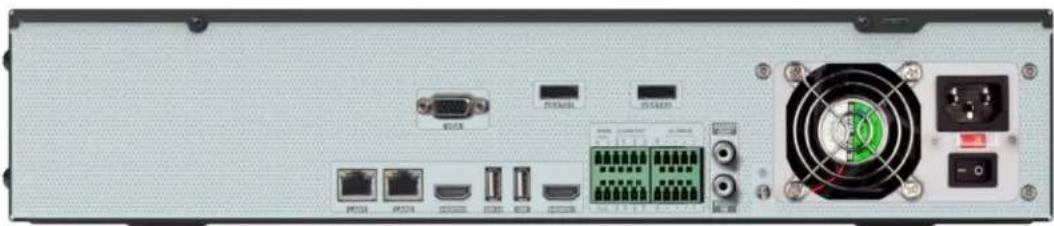 Back view of a server rack with ports, connectors, and a power outlet (no visible text or symbols)
