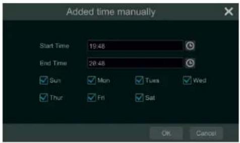 Added time manually Start Time 19:48 End Time 20:48 Sun Mon Tues Wed Thur Fri Sat OK Cancel