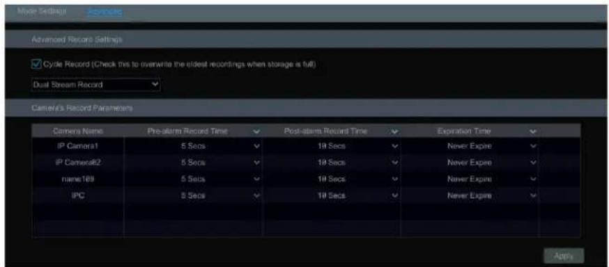 Myo Settings Advanced Record Settings ✓ Cycle Record (Check this to overwrite the oldest recordings when storage is full) Dual Stream Record Camera's Record Parameters Camera Name Pre-alarm Record Time Post-alarm Record Time Expiration Time IP Camera1 5 Secs ✓ 18 Secs ✓ Never Expire ✓ IP Camera82 5…