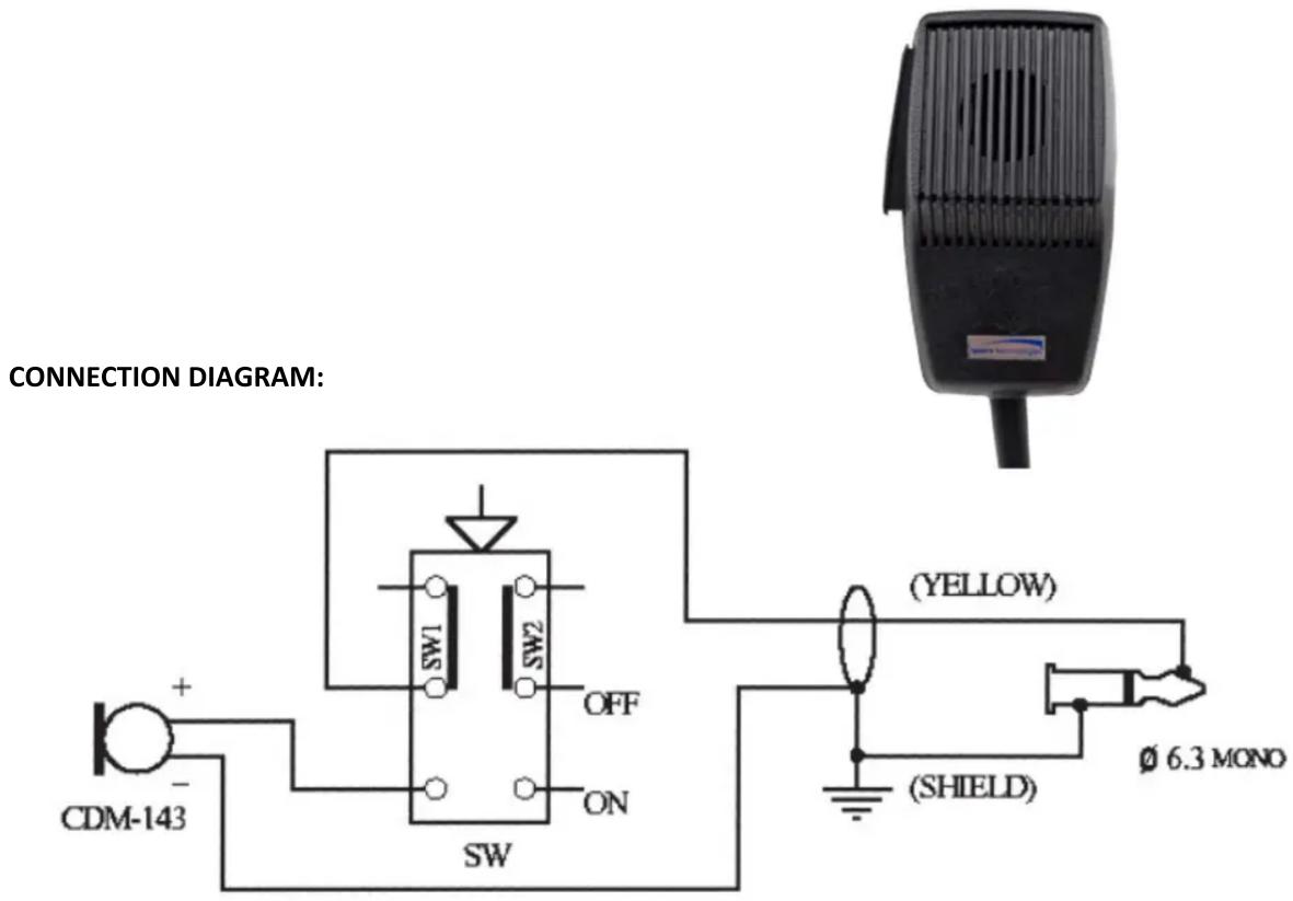 CONNECTION DIAGRAM: CDM-143 SW1 SW2 OFF ON SW (YELLOW) (SHIELD) Ø 6.3 MONO