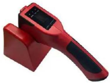 Red handheld electronic device with black handle and display screen (no visible text or symbols)