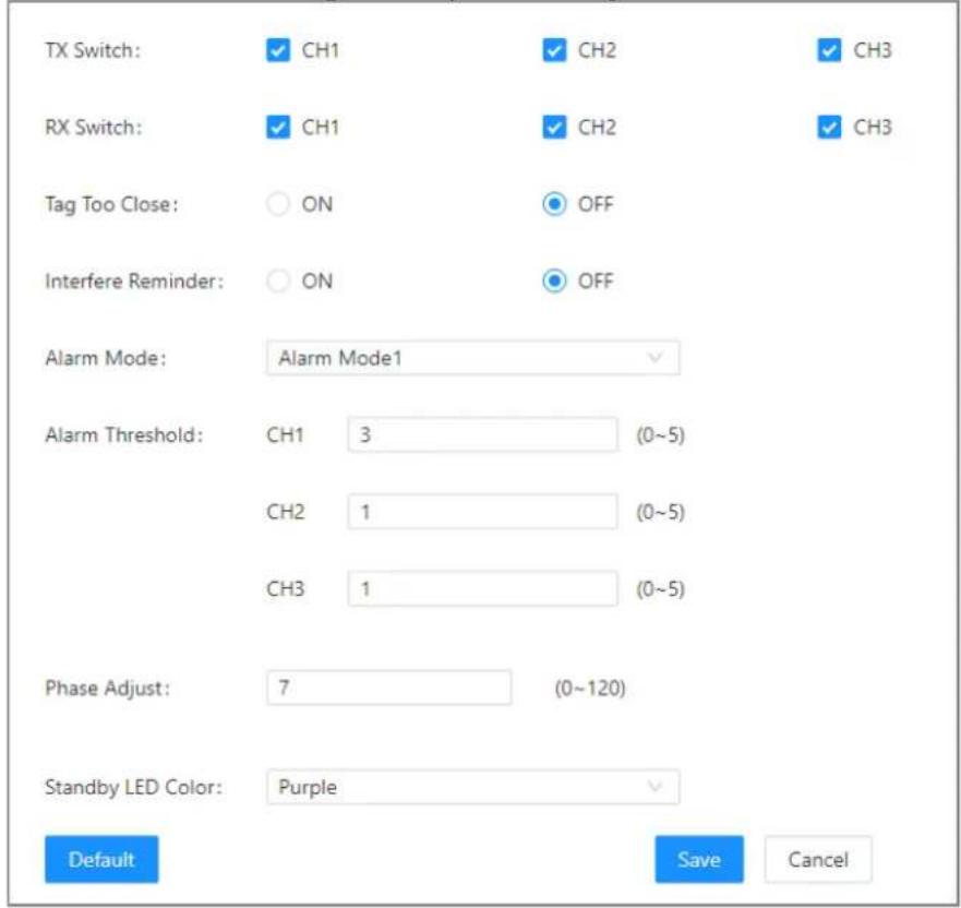 TX Switch: CH1 CH2 CH3 RX Switch: CH1 CH2 CH3 Tag Too Close: ON OFF Interfere Reminder: ON OFF Alarm Mode: Alarm Mode1 Alarm Threshold: CH1 3 (0~5) CH2 1 (0~5) CH3 1 (0~5) Phase Adjust: 7 (0~120) Standby LED Color: Purple Default Save Cancel
