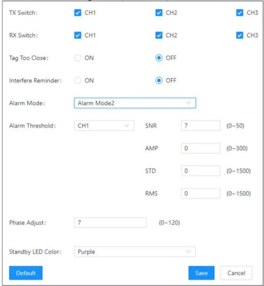 TX Switch: ✓ CH1 ✓ CH2 ✓ CH3 RX Switch: ✓ CH1 ✓ CH2 ✓ CH3 Tag Too Close: ○ ON ● OFF Interfere Reminder: ○ ON ● OFF Alarm Mode: Alarm Mode2 ✓ Alarm Threshold: CH1 ✓ SNR 7 (0~50) AMP 0 (0~300) STD 0 (0~1500) RMS 0 (0~1500) Phase Adjust: 7 (0~120) Standby LED Color: Purple ✓ Default Save Cancel