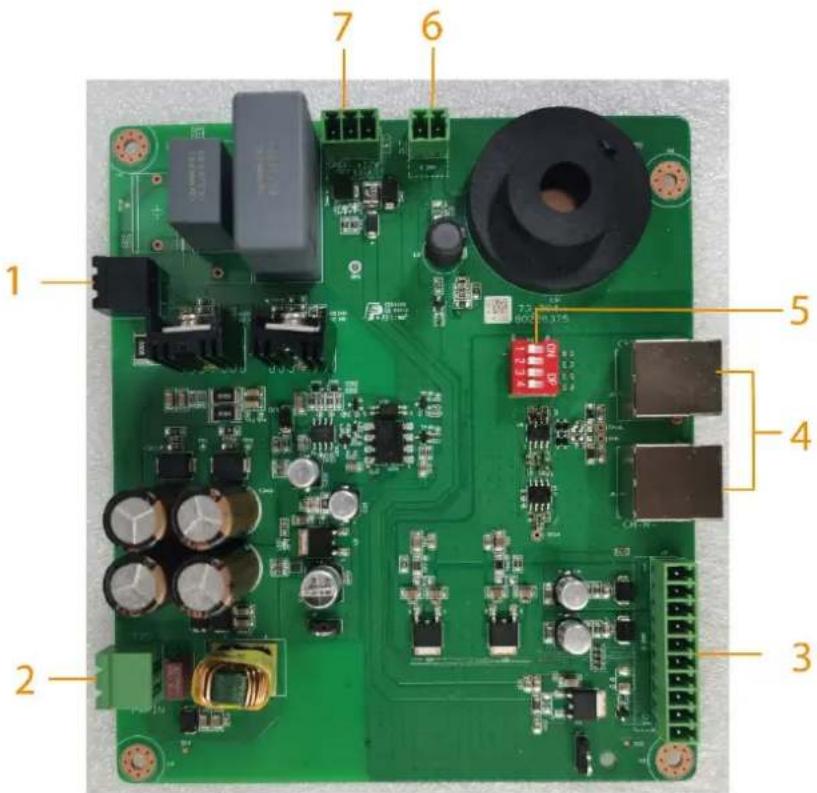Labeled diagram of a green printed circuit board with numbered components and connectors