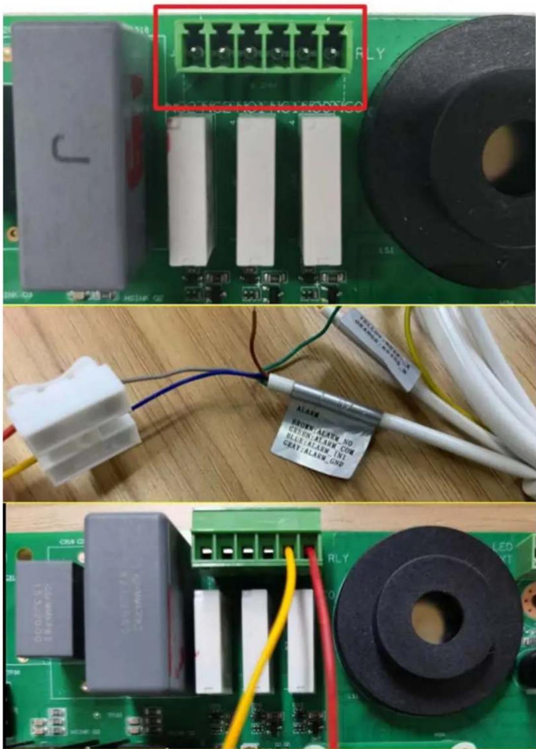 Circuit board components with labeled warning labels and wiring, including a green connector pinout and a close-up of a blue LED switch.